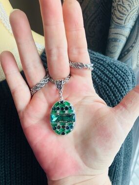Silver Necklace with Green Rhinestone Pendant